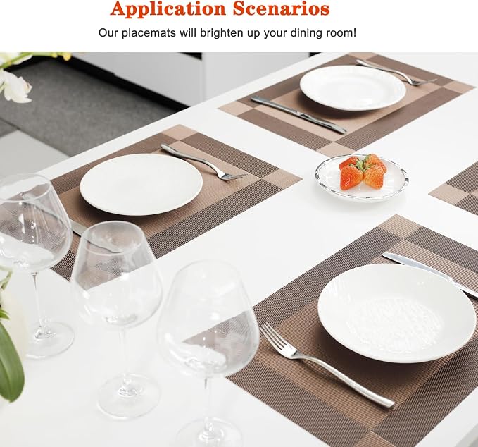 Brown Vinyl Placemats Set of 6,Washable Dining PVC Table Mats | Heat resistant, stain resistant non slip vinyl place mats, washable brown table placemats for dining table