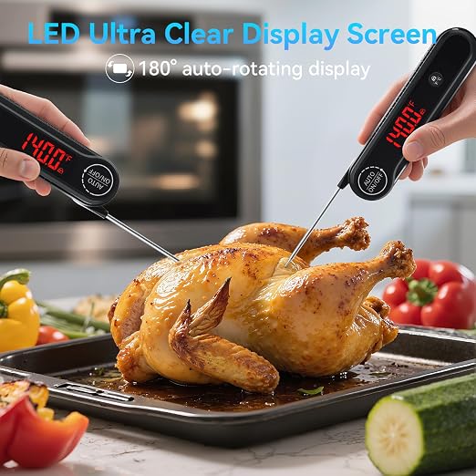 0.3s Instant Read Meat Thermometer, IP67 Waterproof (Black) | Rotating Display, Calibration Function, Ideal for Grill, BBQ, Frying and Kitchen Cooking