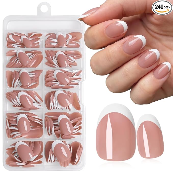 240pc White French Tip Press on Nails Short Oval Acrylic Nail, Coffee Press ons Fake Nails with Glue & Tabs, 12 Sizes Glue on Nails Short Press-on Nail Oval Artificial Stick on Nail for Women