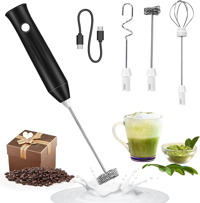 Milk Frother Handheld Rechargeable, 3-in-1 Coffee Drink Mixer Wand (Black) | 3 Speeds, 3 Detachable Whisk Heads, USB C Battery Powered Foam Maker, Mini Electric Stirrer Blender for Protein Powder,Matcha
