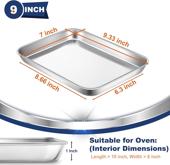 P&P CHEF Baking Sheet Pan, Stainless Steel Cookie Sheet, 9 Inch & 2 Pcs | Oven Tray Sheet Pan for Baking & Serving, Baking Tray for Multi Uses, Heavy Duty & Non-toxic, Rust Free & Dishwasher Safe