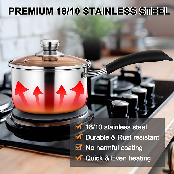 LIANYU Sauce pan Set with Lid, 1 Quart and 2 Quart Stainless Steel Saucepan | Small Kitchen Cooking Pot for Milk, Soup & Butter, Stay-cool Handle, Induction Ready, Nonstick & Non Toxic, Dishwasher Safe