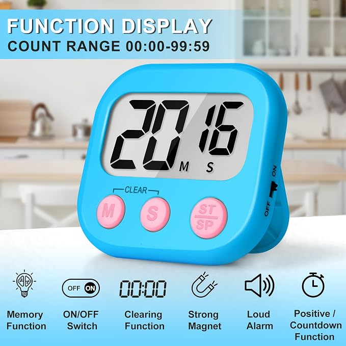 ZILLEEN Digital Kitchen Timers for Cooking Kids Blue Green 6 Pack | Strong Magnetic, Large Screen, Big Button, Timers for Kids Classroom Cooking Egg Teacher Exercise Study