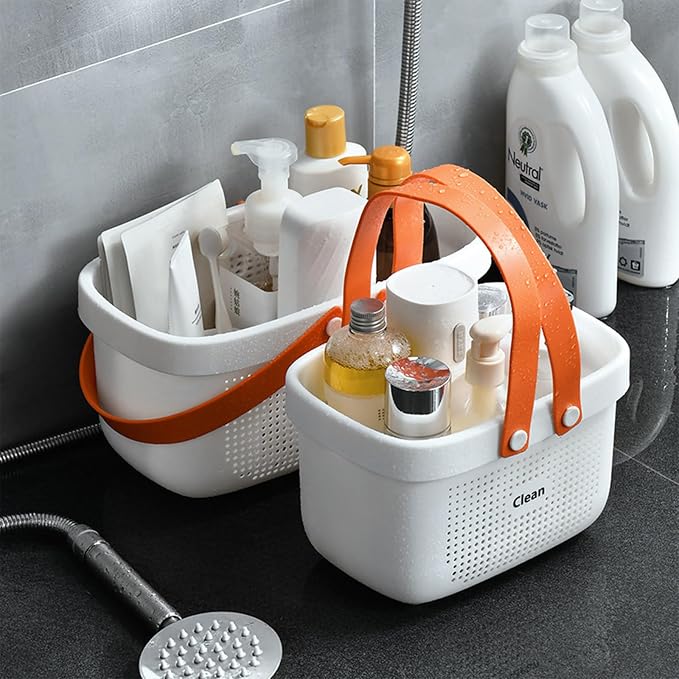 Portable Shower Caddy Basket with Handle Plastic Storage Basket Small White | Sturdy Drainage Large Capacity Organizer Basket with Silicone Handles for Bathroom Kitchen Bedroom College Dorm Essentials