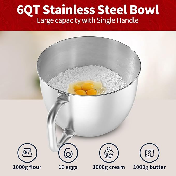 Stand Mixer, 6QT Mixers Kitchen Electric Stand Mixer, Dough Mixer Red | 600W Tilt-Head Kitchen Mixer with Stainless Steel Bowl, Dishwasher-Safe Dough Hook, Flat Beater, Wire Whisk, Splash Guard