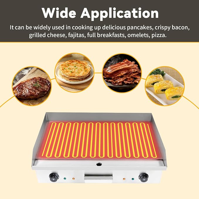 29 Inch Commercial Electric Griddle, 110V 3000W Double Control Electric Griddle Cooktop Flat Top Grill Stainless Steel Non-Stick Griddle Grill Temperature Adjustable 50-300℃ BBQ for Kitchen(NO PLUG)