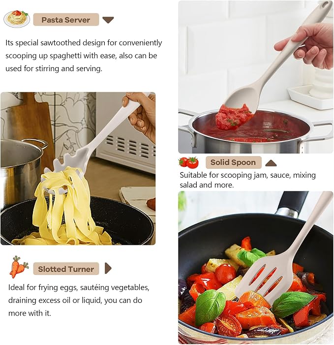 TeamFar Silicone Cooking Utensils, 10 pcs Kitchen Cooking Utensils Set | Heat Resistant Kitchen Gadgets Tools Set w/Spatula, Turners, Spoons, Soup Ladle, Pasta Server for Nonstick Cookware, Khaki