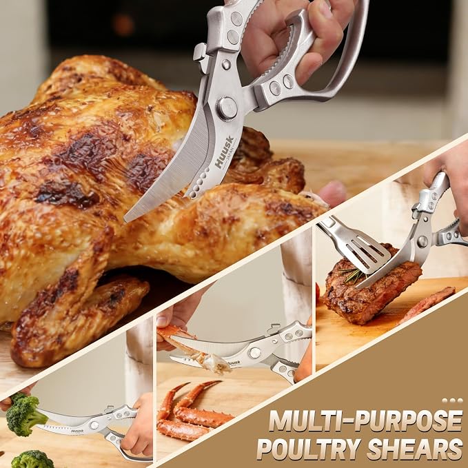 Huusk Poultry Shears Heavy Duty – All Purpose Japanese Kitchen Scissors | SK5 Steel Kitchen Shears for Meat, Fish, Vegetables, Chicken Bones, Turkey, Ergonomic Non-Slip Silver Handle, Gifts for Women