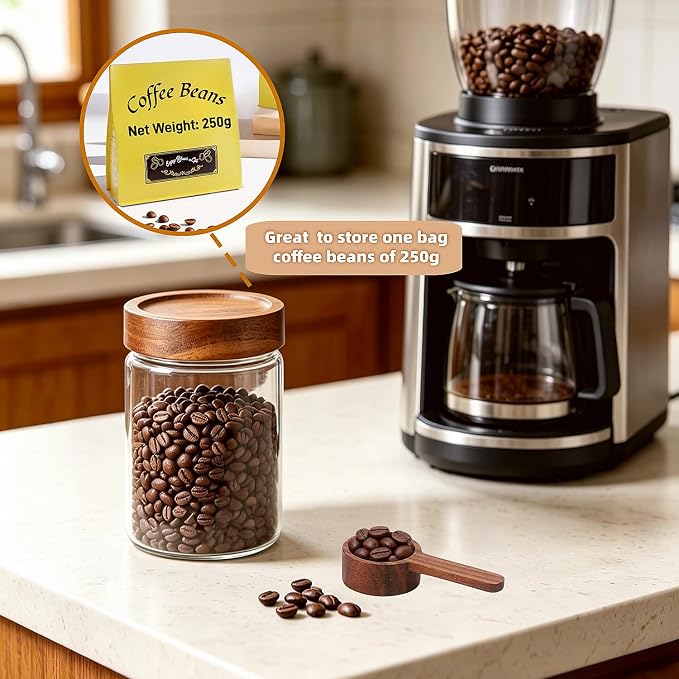 28 Fl oz Glass Food Storage Jar with Airtight Wooden Screw on Lid and Scoop | 850 ml Premium Clear Glass Canister Food Storage Containers for Coffee,Tea,Cereals,Cookies,Snacks,Nuts,Spice,Candy,Sugar