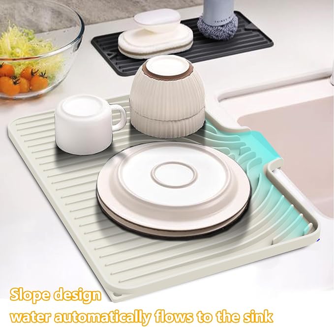 Dish Drying Mat for Kitchen Counter, 18"x12" Dish Drying Rack(cream) | Various Sizes & Colors,Steep-Slope Built in Drain,High-fin Ventilation,Food-grade Silicone,500F heat resistant,for Flat sinks