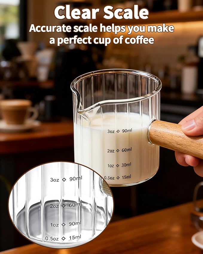 Espresso Measuring Cup 3 Oz, Espresso Glass Cups with Wood Handle, Milk Frothing Cup, Espresso Cup for Coffee, Milk, Tea or Maple Syrup Serving