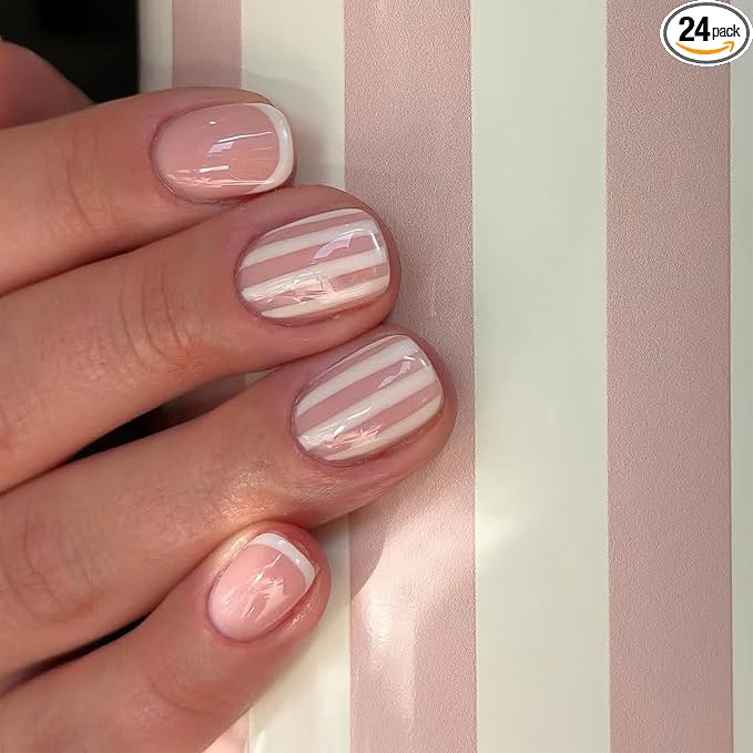 Short Square Fake Nails French Press on Nails with White Stripe Designs | Nude Full Cover False Nails Acrylic Nails Press Ons Glossy Stick On Nail Reusable Glue On Nail For Women 24Pcs