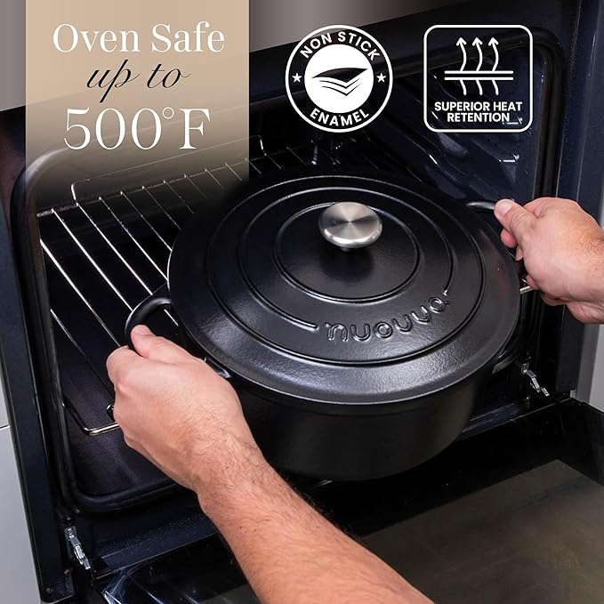Cast Iron Dutch Oven with Lid-Non-Stick Ovenproof Enamelled Casserole Pot- Sturdy Dutch Oven Cookware - Black, 7.3- Quart, 30cm- by Nuovva