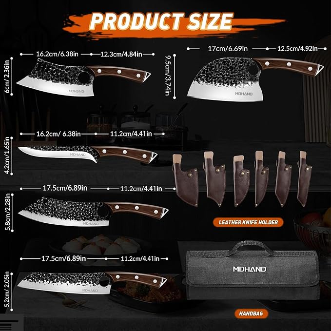 Butcher Knife Set, Serbian Chef Knife Set with Roll Bag Gift for Men | Hand Forged Full Tang 12PCS Kitchen Knife Set, Ebony Handle, High Carbon Steel Meat Cleaver for Brisket Trimming, Camping BBQ