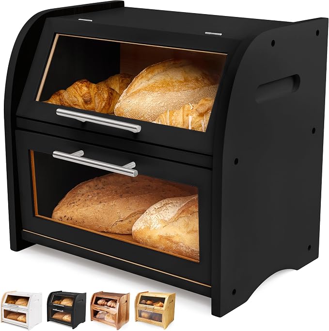 Arise Stylish Bamboo Bread Box for Kitchen Countertop, Extra Large 2-Shelf Wooden Bread Storage Container with Clear Windows and Air Vents Keep Bread, Bagels and Rolls Fresh, Self Assembly | Bread Storage Container with Clear Windows & Air Vents, Bread...