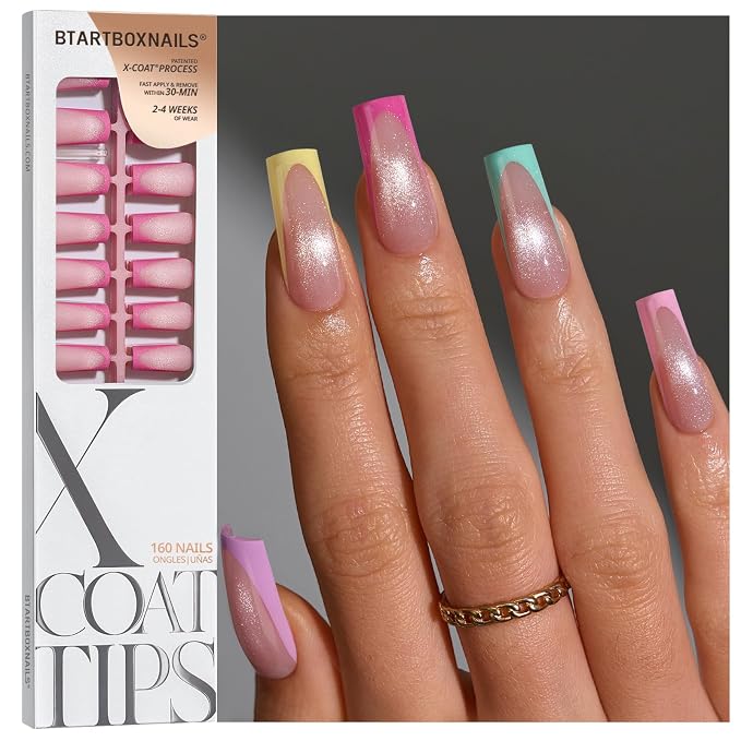 BTArtboxnails XCOATTIPS Pastel French Tip Press On Nails, L Square, Cat Eye | Lamp-Curable 4-Week Wear, Salon Quality Value at Home, Natural Nail Look, Easy-to-Apply for Beginners, 160ct Nail Tips Only