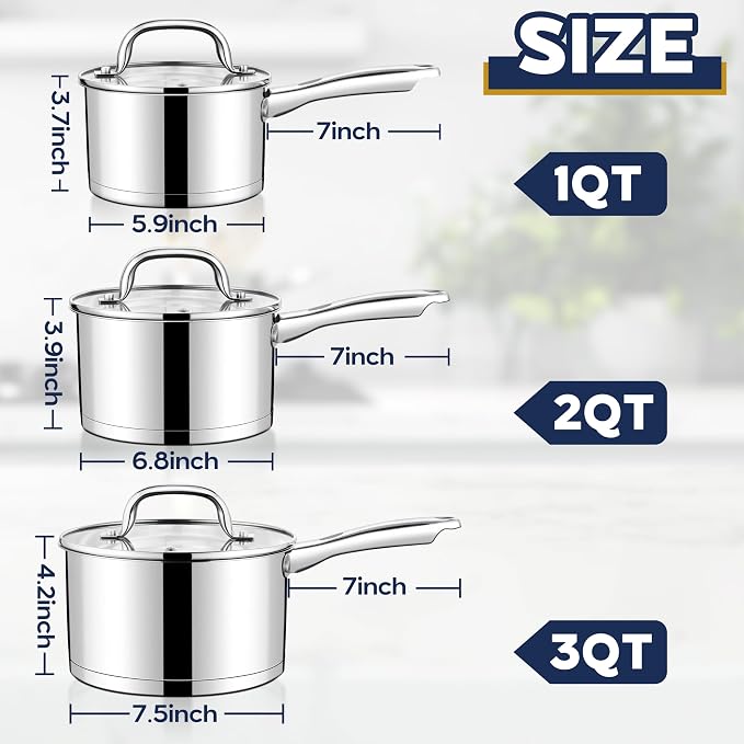 LIANYU Stainless Steel Saucepan Set with Lids Set of 3, 1QT & 2QT & 3QT | Heavy Duty Induction Saucepan for Cooking Soup Milk Butter, Oven & Dishwasher Safe (3 Pots+3 Lids)