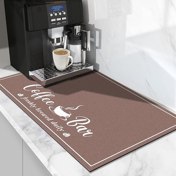 CooRug Fashion Coffee Mat, Dish Drying Mat 12" x 20" Brown | Hide Stain, Absorbent, Coffee Bar Accessories, Heat Resistant, Non-slip, Eco-friendly, Easy to Clean