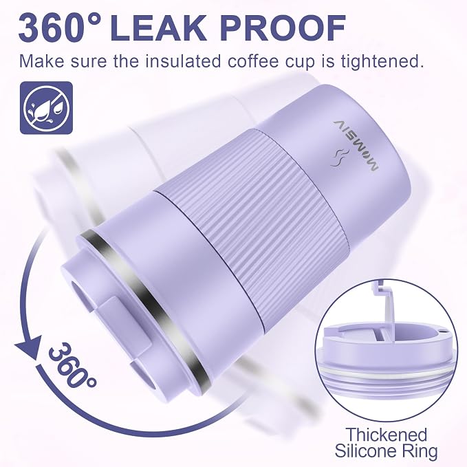 MOMSIV 12oz Travel Coffee Mug, Insulated Coffee Cup with Leakproof Lid | 6-Hour Heat Retention, 360°Leak proof, Vacuum Stainless Steel Double Walled, BPA-free, Reusable And To Go Coffee Mug