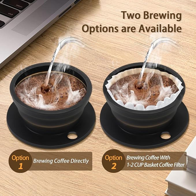 Paperless Collapsible Pour Over Coffee Dripper - Reusable Silicone Coffee Filter Pour Over for Travel and Camping - Single Cup Drip Coffee Maker Pour Over with Metal Mesh Coffee Filter (Black)