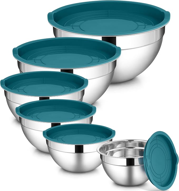 LIANYU 6 PCS Stainless Steel Mixing Bowl, Large 7, 3.5, 2.5, 2, 1.5, 1 QT | Metal Bowls Set, Kitchen Nesting Bowls for Salad Cooking Prepping Food Storage, Dishwasher & Freezer Safe, Blue