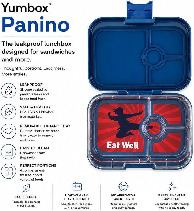 Yumbox Panino Leakproof Bento Lunch Box - Ninja Blue (Kung Fu Tray) | Sandwich Size Tray, 3 Compartments + Dip, Kid-Friendly, Easy Open Latch, Lightweight