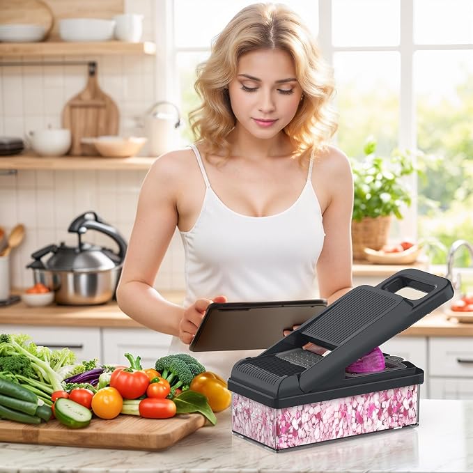 12-in-1 Vegetable Chopper 7 Blades, Veggie Cutter with Handle, Grey | Stainless Steel Blades, Food Container and Lid, Dicer, Slicer, Julienne, Egg Separator, Non-slip Base, Include Cleaning Tools