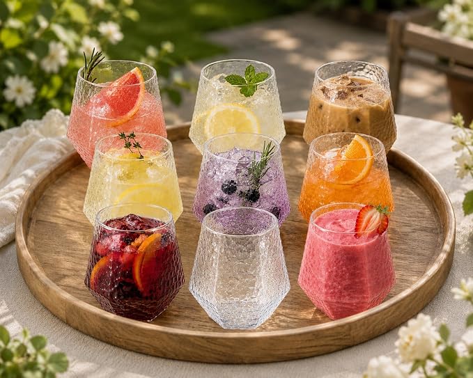 40 Pack Disposable Plastic Wine Glasses 12 oz Diamond Stemless Clear Cups | Cocktail Whiskey Champagne, Shatterproof BPA-Free Reusable Recyclable, Hammered Design for Wedding Party Birthday