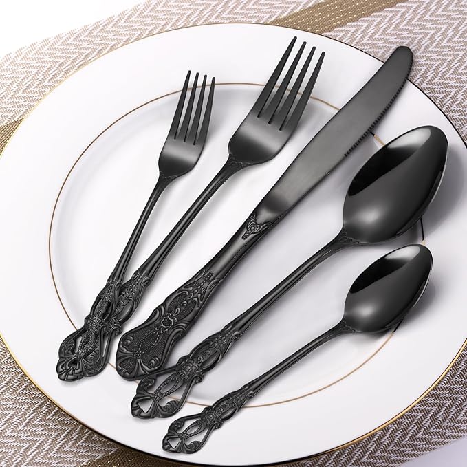48 Pieces Black Gorgeous Retro Royal Silverware Set with Steak Knives For 8,Stainless Steel Fine Vintage Service Flatware Set Anti-rust Dark Unique Utensil Fork Spoon Knife, Dishwasher Safe