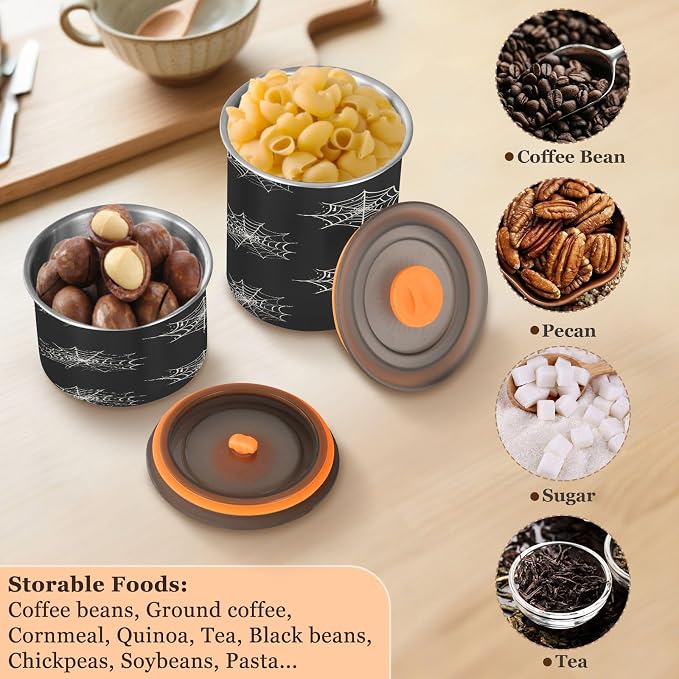 Halloween Spider Web Airtight Food Canister, 17oz Stainless Steel Storage Jar for Coffee Beans Tea Grains Snacks, Kitchen Organizer Decor