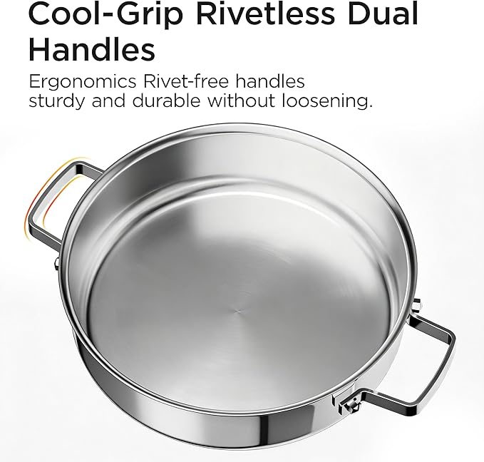 COOKER KING 5Qt Sauté Pan w/Lid, Stainless Steel Braiser, Chicken fryer | Non-Toxic Uncoated Pot, Dishwasher & Oven Safe, Induction Ready, Dual Cool Handle, 3-Ply Clad for Fast Heat