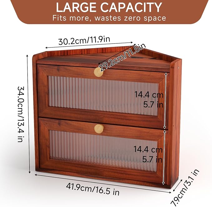 Corner Bread Box for Kitchen Countertop, Cherry-Toned 2-Tier Farmhouse | Ventilated Design Keeps Bread Crusty, Stores Fruit, Snacks & Spices, Corner-saving for Countertop, Counter Organizer
