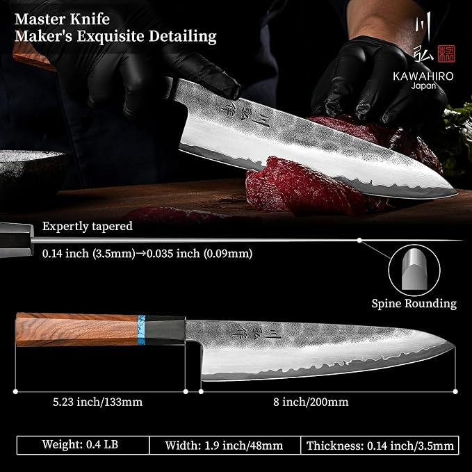 Japanese Hand Forging Chef Knife, Professional Handcrafted 8 inch Kitchen Knife, 3 Layers Japan VG10 Super High Carbon Steel Chef's Knife, Ergonomic Handle Grip and Gift Wood Box