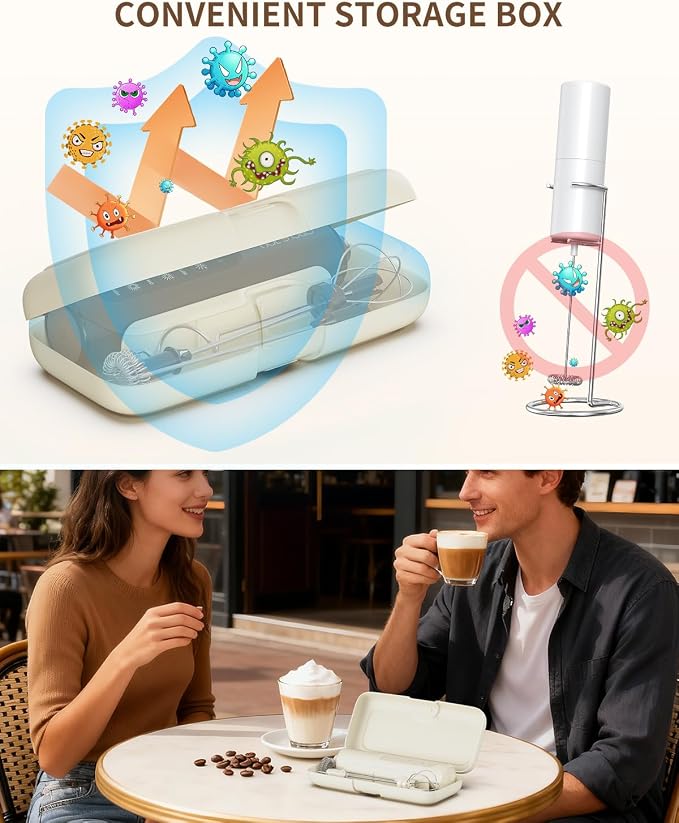 CIRCLE JOY Rechargeable Handheld Milk Frother Wand with Stand, 3 Variable Speeds, 3 Whisks and Storage Box, Electric Drink Mixer for Latte, Cappuccino, Hot Chocolate, Eggs and Protein Powder, Beige