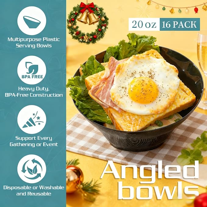 16Pcs 20oz Black Plastic Serving Bowls Angled for Wedding,Party | Black Plastic Serving Disposable Bowls Angled Table Salad and Fruit Bowls for Chip,Candy - Ideal for Party,Daily use