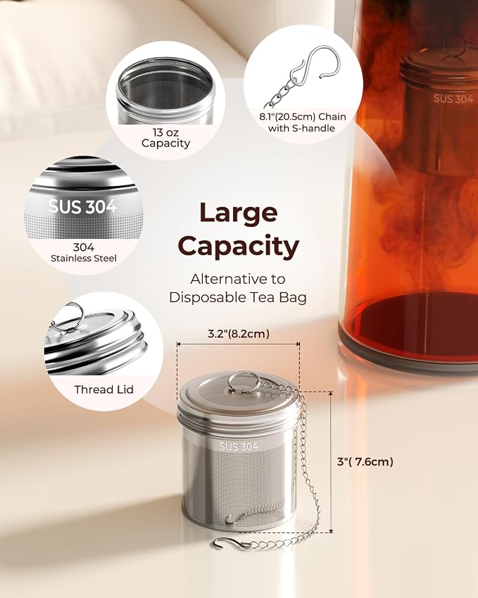 2 Pack Extra Large Tea Infuser for Loose Leaf Tea & Spice Ball | 304 Stainless Steel Fine Mesh Tea Strainer Ball, Threaded Lid, Chain Hook, Loose Leaf Tea Steeper for Black, Herb, Iced Tea