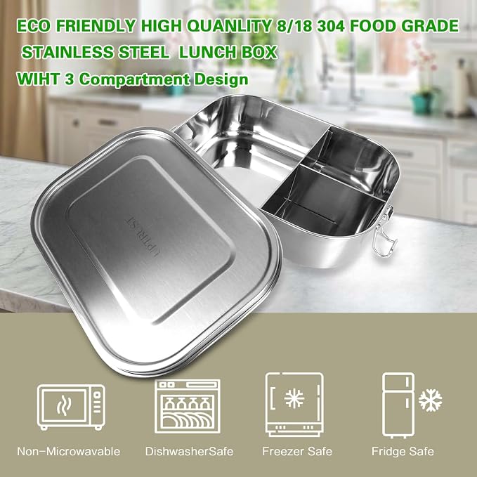 UPTRUST Stainless Steel Bento Box for Kids, 3-Compartment (47oz/1400ML) | Metal Bento Lunch Box for Kids or Adults, 3 Compartment Packing Box for Work Lunch