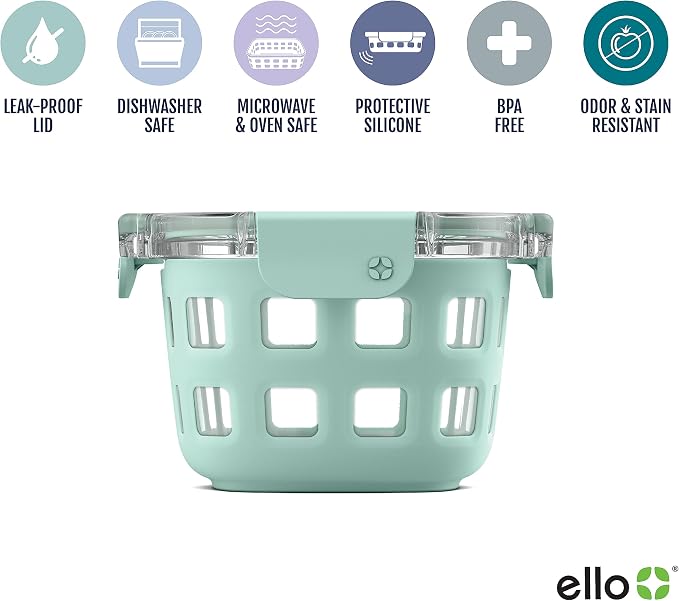 Ello DuraGlass Rounds Glass Food Storage Containers - Meal Prep Bowls with Silicone Sleeve and Airtight Lids, 2 Cup, Yucca | 2 cup glass meal prep container with silicone sleeve, leakproof BPA-free lid, microwave, freezer and dishwasher safe