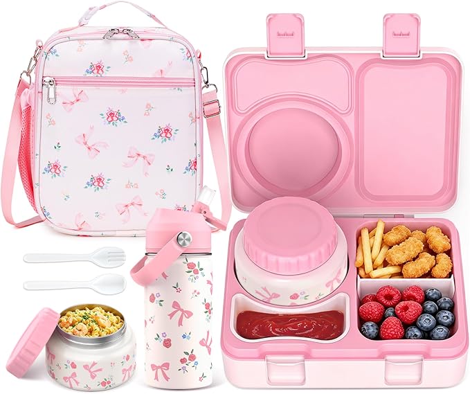 Bento Lunch Box for Kids Adult, Leakproof 3-4 Compartment Bento Box Set with Insulated Food Jar,Water Bottle, Lunch Bag, School Lunch Container for Toddler Teen Girls Boys Ages 3+(PK floral)