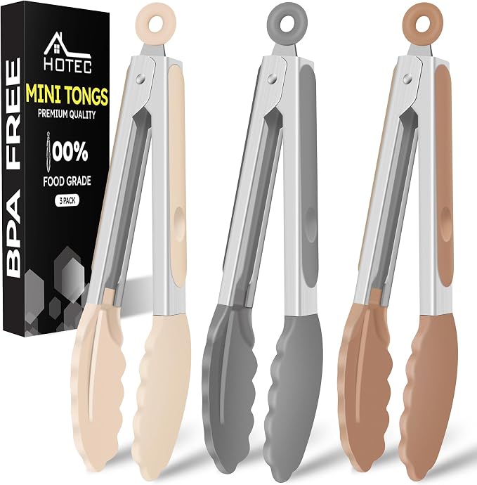 Hotec Mini Silicone Kitchen Tongs for Cooking - 7-Inch Small Serving Tongs with Silicone Tips, Set of 3 (Neutral Color)