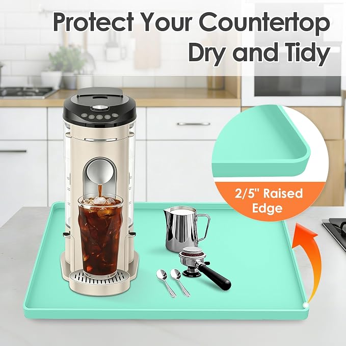 Silicone Coffee Maker Mat with Lip for Countertops 15.7''x11.8'' Mint Green | Multi leak-proof coffee tray for countertop, non-slip silicone mat fits most coffee makers & espresso machines, wipe-clean