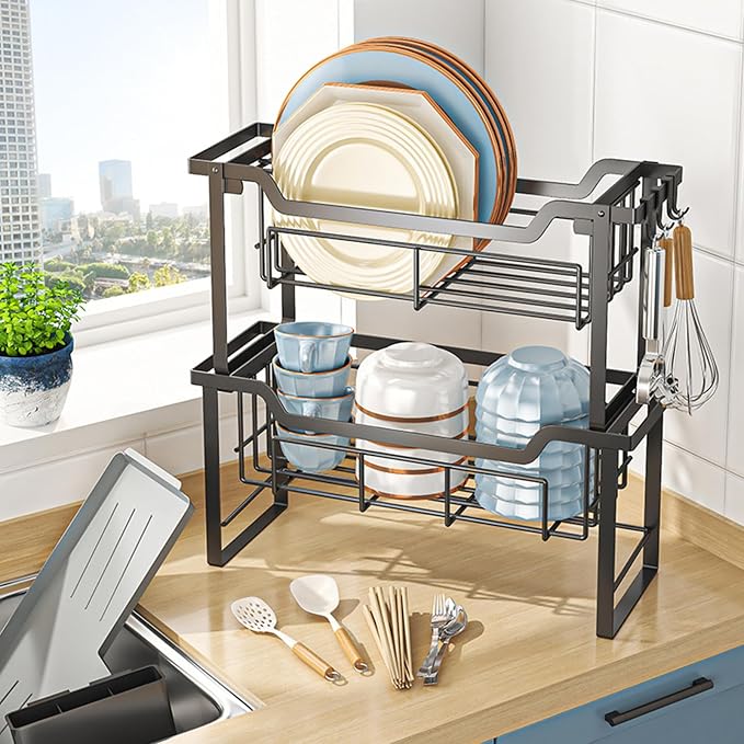 HABITLLO 2-Tier Dish Drying Rack with Drainboard, Large Capacity Dish Racks for Kitchen Counter Shelf with Utensil, Cups, Cutlery & Cutting Board (Black)