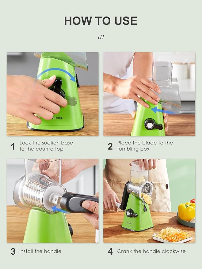 Rotary Cheese Grater with Handle, Reemix Vegetable Cheese Grater | Shredder Slicer Grater for Kitchen 3 Changeable Blades for Cheese Potato Zucchini Nuts Chocolate (Green)