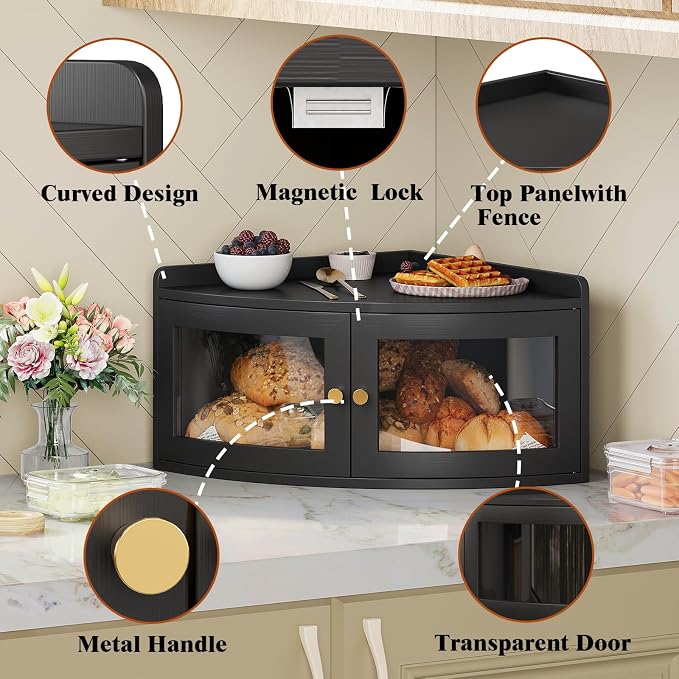 Trironsun Corner Bread Box for Kitchen Counter with Acrylic Transparent Door Bamboo Large Capacity Bread Storage Bin Fan Shape Breadbox Holder for Homemade Bread (Black 1 Layer)