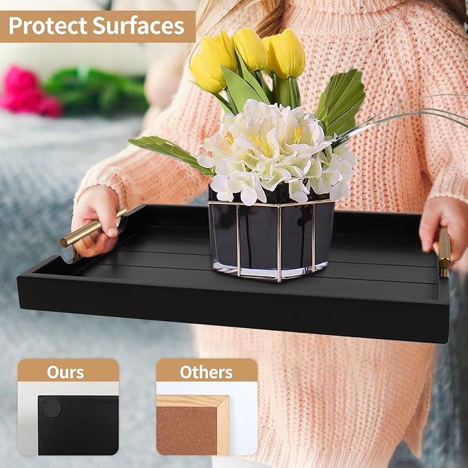 SXNOWS Wood Serving Tray with 2 Sets of Handles,Black | Rectangle 16.5x13 Inch Ottoman Decorative Tray Platter for Coffee Table Living Room Bar Home Decor, 4 Coasters Included