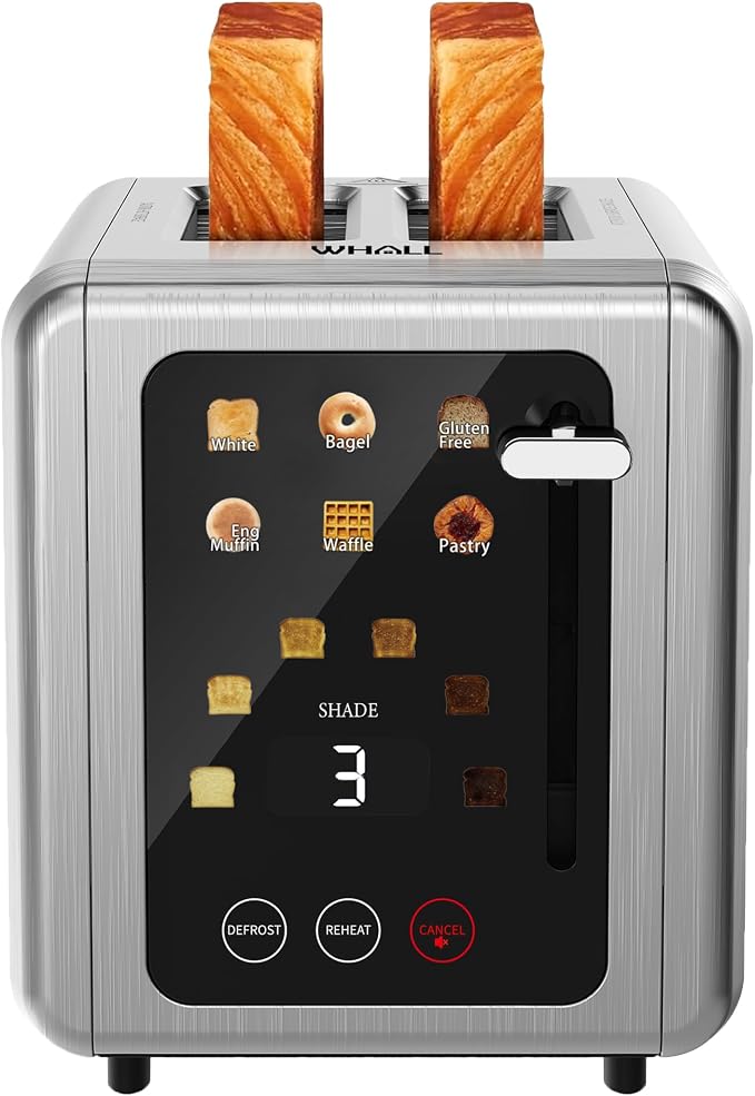 WHALL 2 Slice Toaster, Smart Full Touch Screen, Extra Wide Slots, Silver | Stainless Steel, 6 Shade Settings, Reheat/Defrost/Mute/Standby/Cancel, Bread Bagel Gluten-Free Waffle Pastry, Digital Timer
