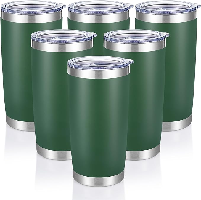 20 oz Tumblers Bulk Stainless Steel Tumbler with Lid, 6 Pack | Deep Green, 20oz Insulated Coffee Mug, Double Wall Vacuum, Powder Coated Cup, for Hot and Cold Drinks