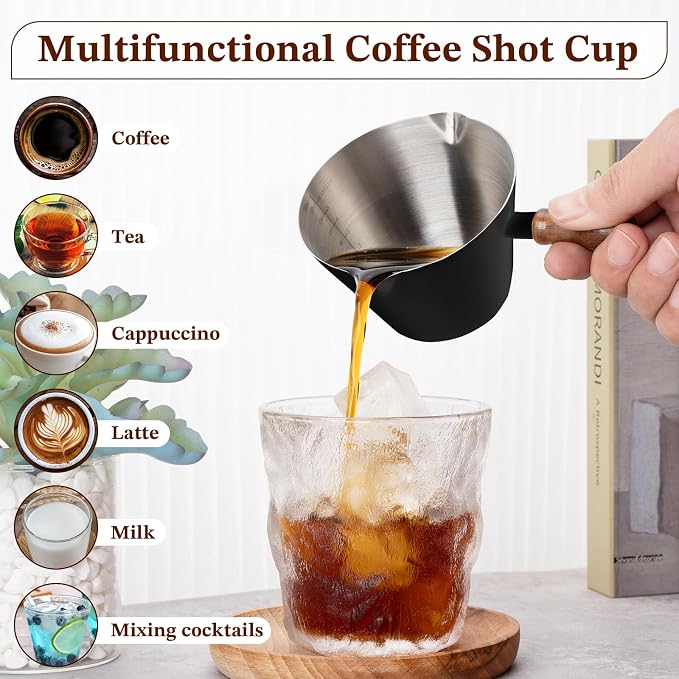 Amrules Espresso Cup, 6.8 oz/200 ml Stainless Steel Coffee Shot Measuring Cup with Wood Handle, Double V-Shaped Mouth and Clear Scale for Cappuccino Barista Coffee Bar Accessories, Black