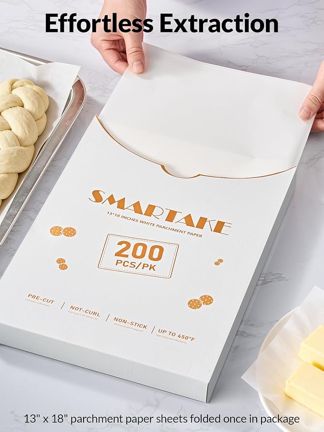 SMARTAKE 200 Pcs White Parchment Paper Sheets, 13x18 Inches, Non-Stick | Pre-Cut Greaseproof Baking Paper, Pure Wood Pulp, Oven Safe up to 450°F, for Cooking, Grilling, Frying, Steaming, Wrapping