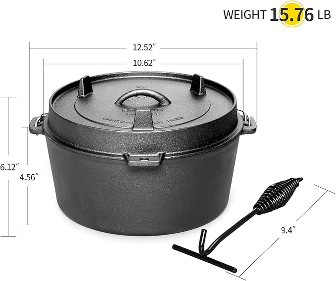 EDGING CASTING Pre-Seasoned Cast Iron Camping Dutch Ovens, Outdoor Camping Dutch Oven Pot with Lid Tripod, 6 Quart